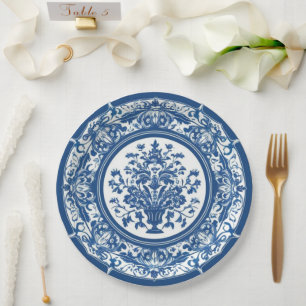 Elegant simple Blue White Flower chinoiserie style Paper Plate
