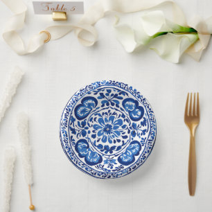 Elegant simple Blue White Flower chinoiserie style Paper Plate