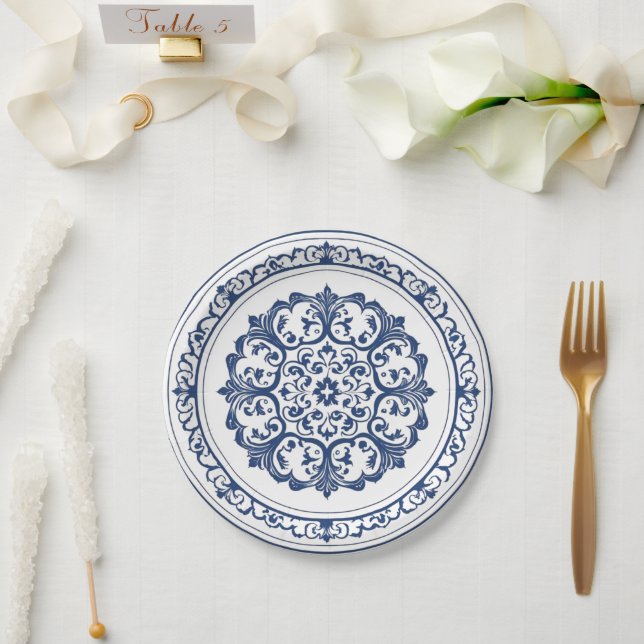 Elegant simple Blue White Flower chinoiserie style Paper Plate (Wedding)