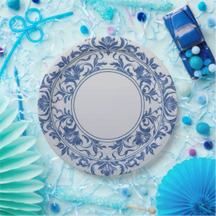 Elegant simple Blue White Flower chinoiserie style Paper Plate