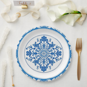 Elegant simple Blue White Flower chinoiserie style Paper Plate
