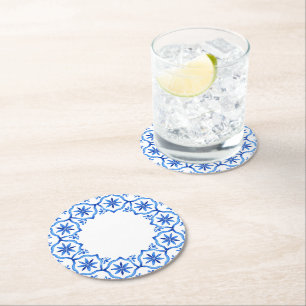 Elegant simple Blue White Flower chinoiserie style Round Paper Coaster