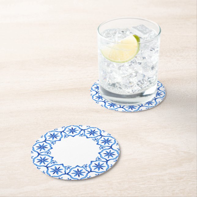 Elegant simple Blue White Flower chinoiserie style Round Paper Coaster (Insitu)