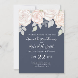 Elegant Simple Blush Pink Floral Navy Blue Foliage Invitation