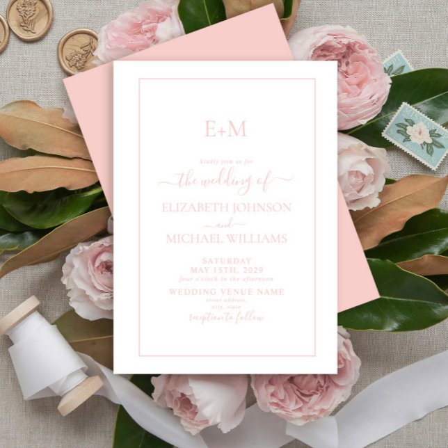 Elegant Simple Blush Pink Formal Monogram Wedding Invitation (Creator Uploaded)