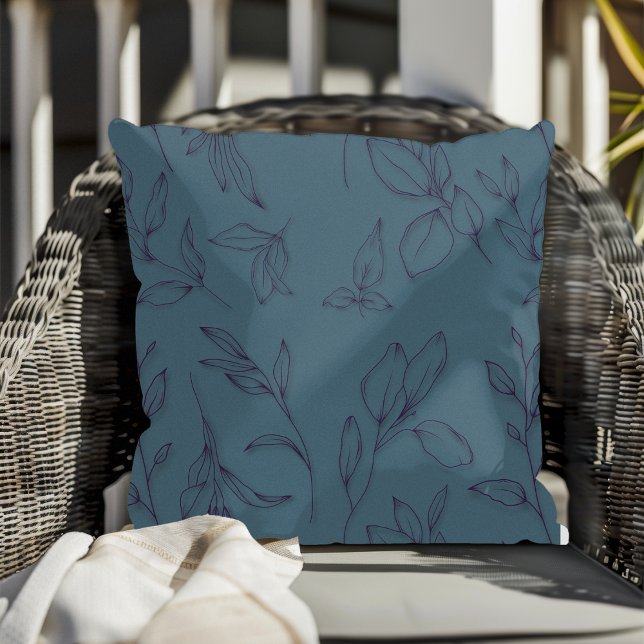 Elegant Simple Botanical Leaves On Blue Cushion (Creator Uploaded)