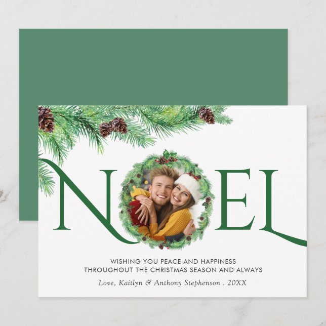 Elegant Simple Botanical Pine Wreath NOEL 1 Photo Holiday Card (Front/Back)
