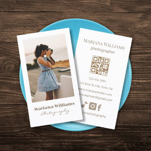 elegant simple brown script photographer qr code  business card