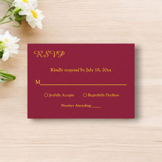 Elegant Simple Burgundy And Gold Modern Wedding RSVP Card