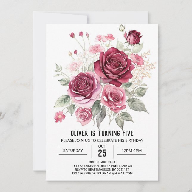 Elegant Simple Burgundy Floral Birthday Invitation (Front)