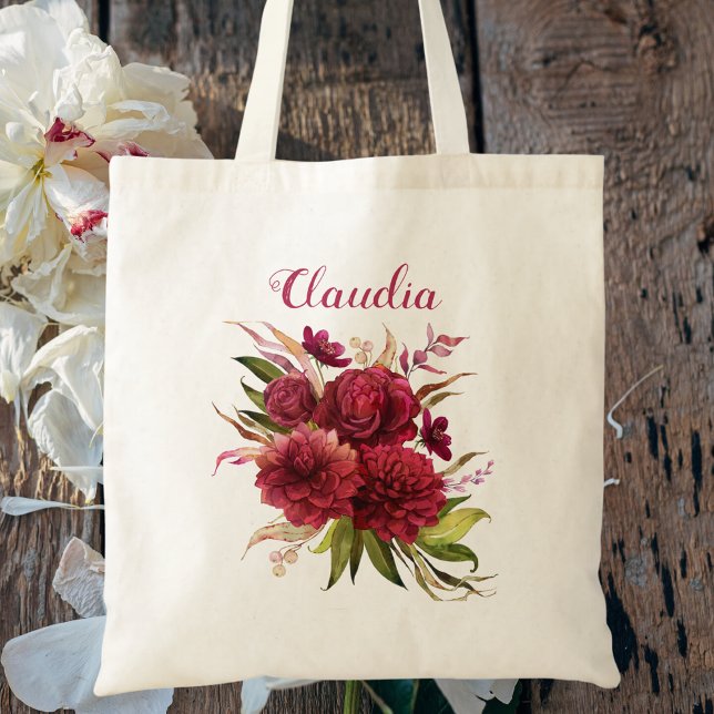 Elegant Simple Burgundy Floral Monogram Bridesmaid Tote Bag (Creator Uploaded)
