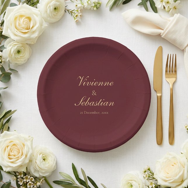Elegant Simple Burgundy Script Minimalist Wedding Paper Plate (Elegant Simple Burgundy Script Minimalist Wedding Paper Plates)
