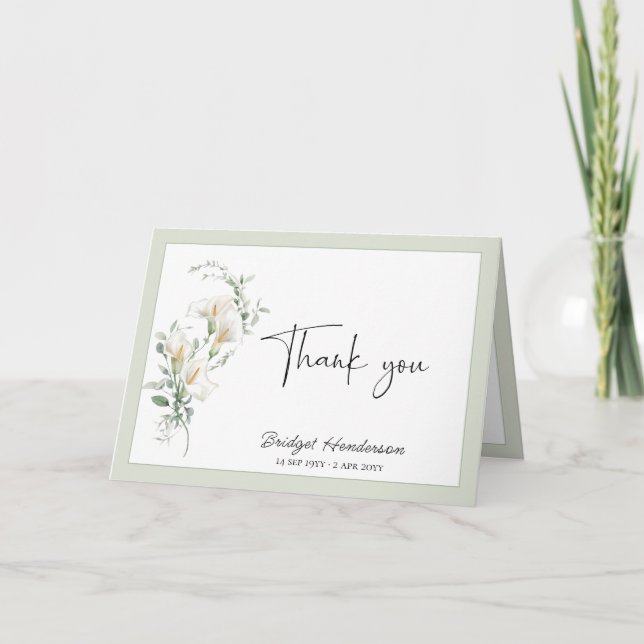 Elegant Simple Calla Lily Eucalyptus Sympathy Thank You Card (Front)