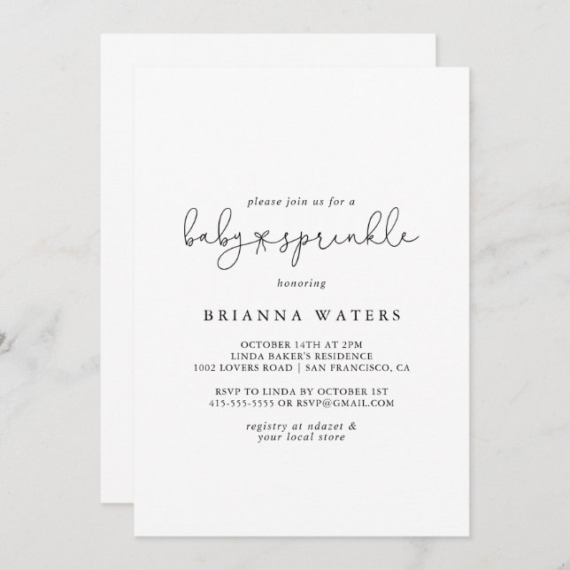 Elegant Simple Calligraphy Baby Sprinkle  Invitation (Front/Back)