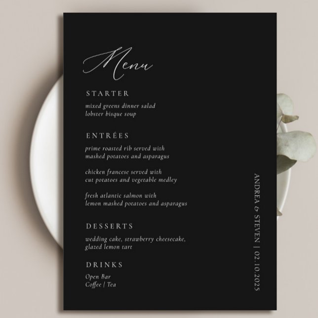 Elegant Simple Calligraphy Black Wedding Menu (Creator Uploaded)