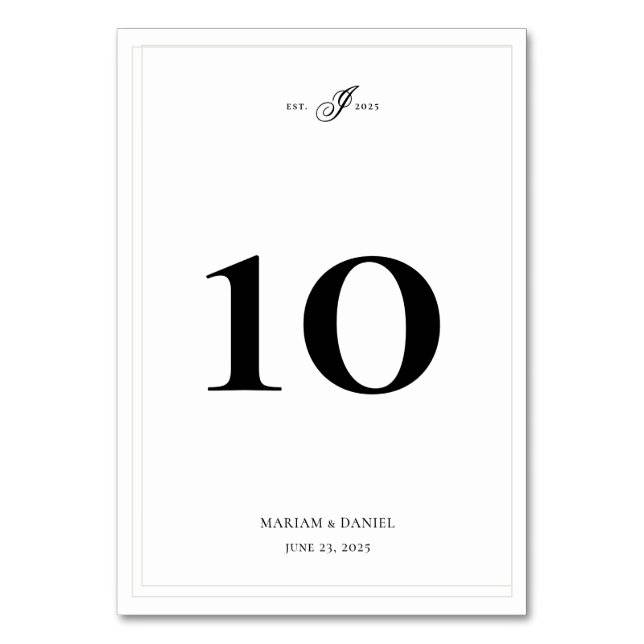 Elegant Simple Calligraphy Monogram White Wedding Table Number (Front)