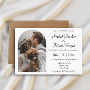 elegant simple calligraphy photo arch wedding invitation