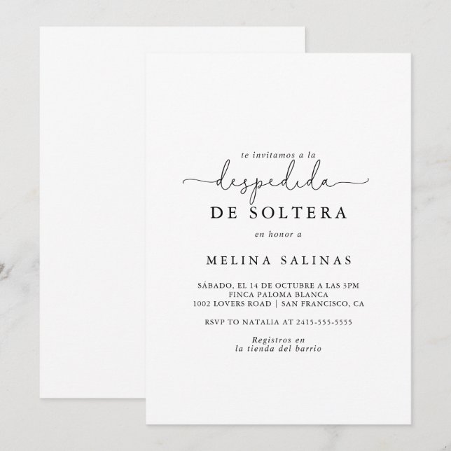 Elegant Simple Calligraphy Spanish Bridal Shower   Invitation (Front/Back)