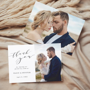 Elegant Simple Calligraphy Wedding 2 Photo Thank You Card