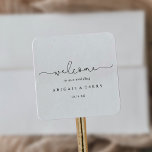 Elegant Simple Calligraphy Wedding Welcome  Square Sticker<br><div class="desc">This elegant simple calligraphy wedding welcome square sticker is perfect for a rustic wedding. The simple and elegant design features classic and fancy script typography in black and white. These labels are perfect for hotel guest welcome bags and destination weddings.</div>