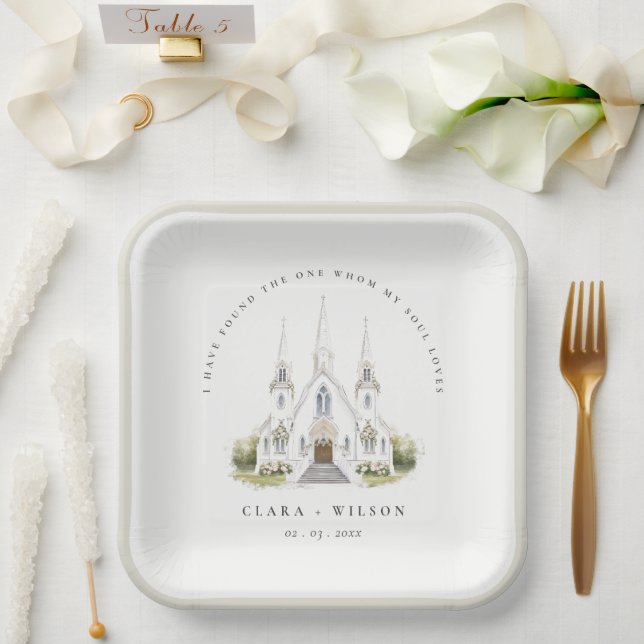 Elegant Simple Catholic Watercolor Church Wedding Paper Plate (Wedding)