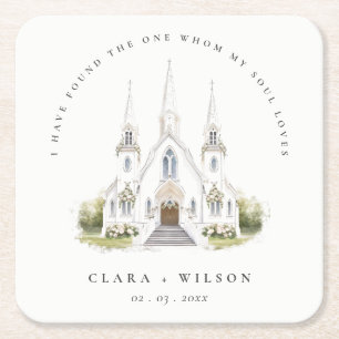 Elegant Simple Catholic Watercolor Church Wedding Square Paper Coaster