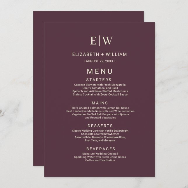 Elegant Simple Cherry Lacquer, Monogram Wedding Menu (Front/Back)
