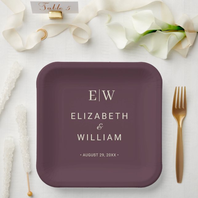 Elegant Simple Cherry Lacquer, Monogram Wedding Paper Plate (Wedding)