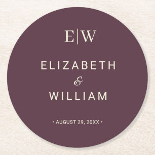 Elegant Simple Cherry Lacquer, Monogram Wedding Round Paper Coaster