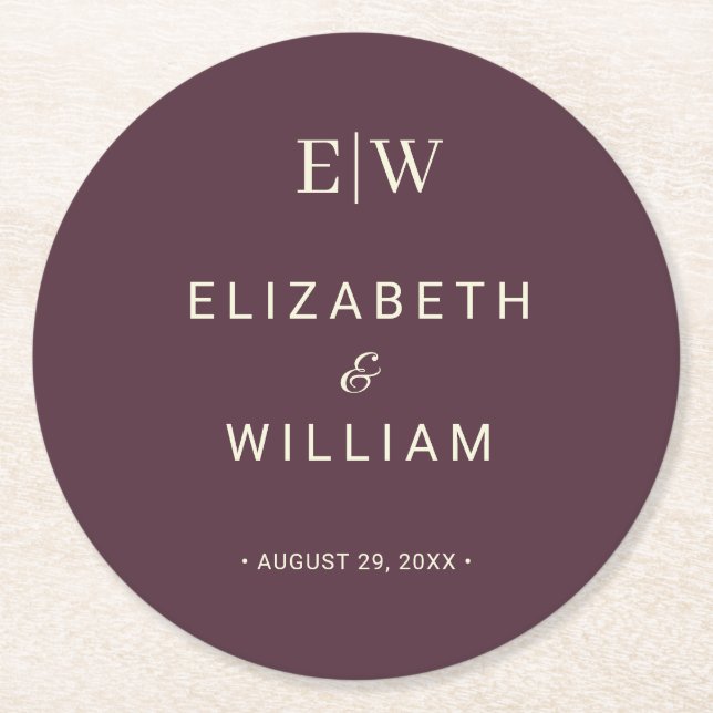 Elegant Simple Cherry Lacquer, Monogram Wedding Round Paper Coaster (Front)