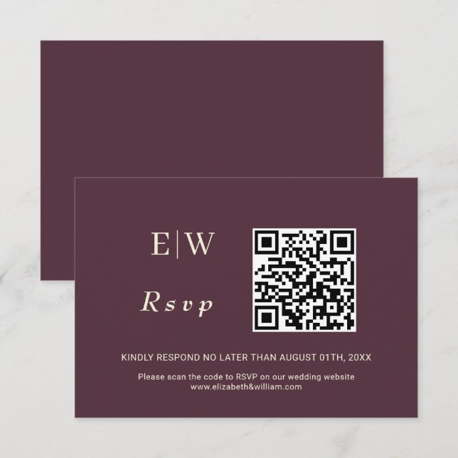 Elegant Simple Cherry Lacquer, Monogram Wedding RSVP Card (Front/Back)