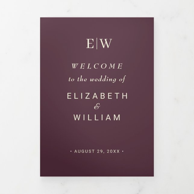 Elegant Simple Cherry Lacquer, Monogram Wedding Tri-Fold Programme (Cover)