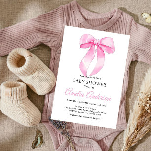 Elegant Simple Chic Pink Bow Girls Baby Shower Invitation