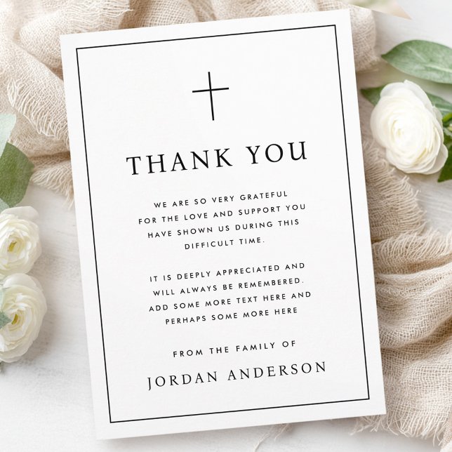 Elegant simple Christian cross funeral thin border Thank You Card (Elegant simple Christian cross funeral thin border Thank You Card)