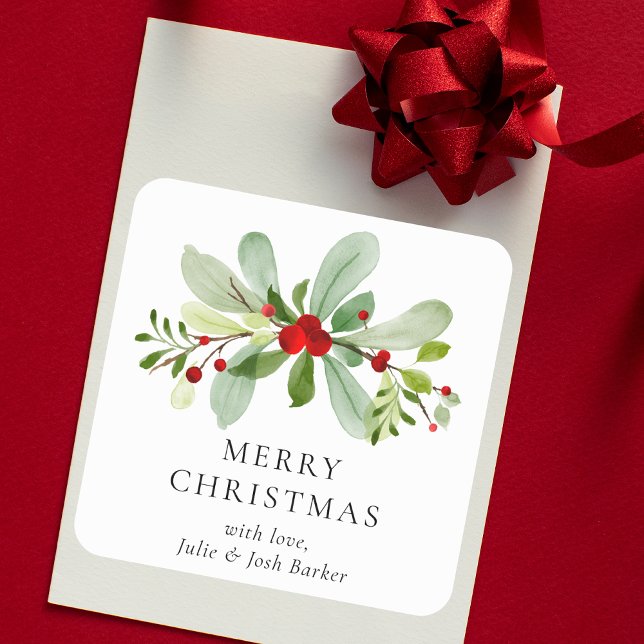 Elegant Simple Christmas Watercolor Botanical  Square Sticker (Creator Uploaded)