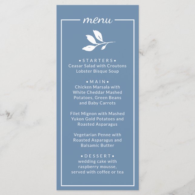Elegant Simple classic dusty Blue Wedding Menu (Front)