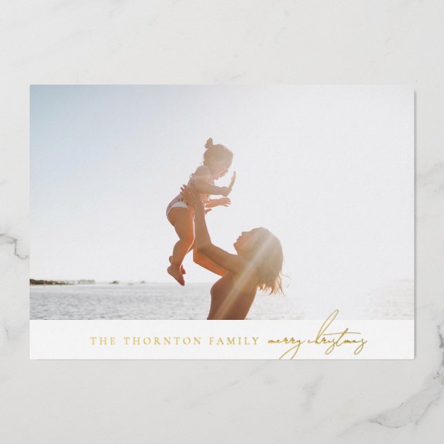 elegant simple classic merry photo gold real foil holiday card (Front)
