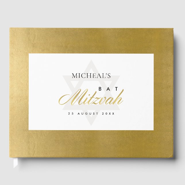 ELEGANT SIMPLE CLEAN FAUX GOLD BAR BAT MITZVAH GUEST BOOK (Front)