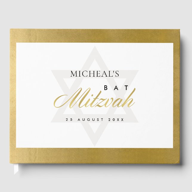 ELEGANT SIMPLE CLEAN FAUX GOLD BAR BAT MITZVAH GUEST BOOK (Front)