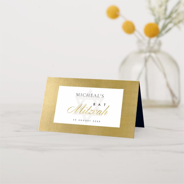 ELEGANT SIMPLE CLEAN FAUX GOLD BAR BAT MITZVAH PLACE CARD (Back)