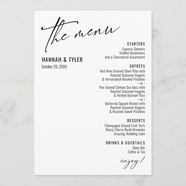Elegant Simple Contemporary Typography Black White Menu (Front)