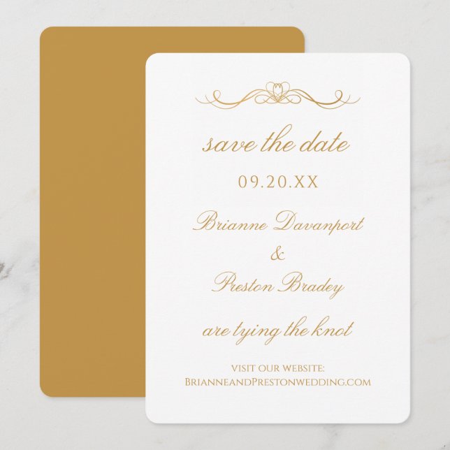 Elegant Simple Custom Gold & White Script Wedding Save The Date (Front/Back)