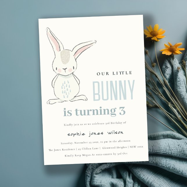 Elegant Simple Cute Blue Bunny Boys Kids Birthday Invitation (Creator Uploaded)