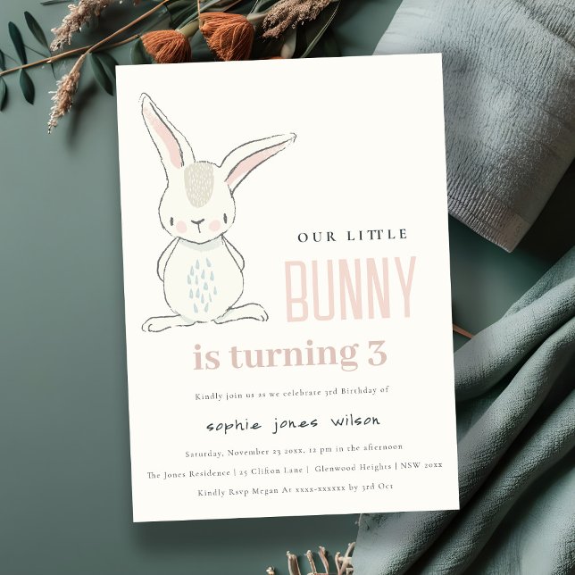 Elegant Simple Cute Blush Pink Bunny Kids Birthday Invitation (Creator Uploaded)