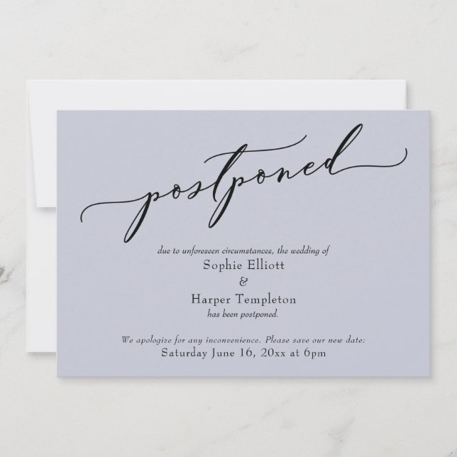 Elegant Simple Dusty Blue Postponed Wedding Card (Front)