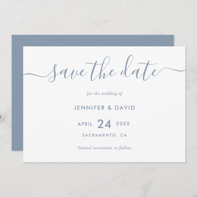 Elegant Simple Dusty Blue Wedding Save The Date (Front/Back)