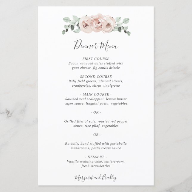 Elegant Simple Dusty Rose Floral Wedding Menu (Front)