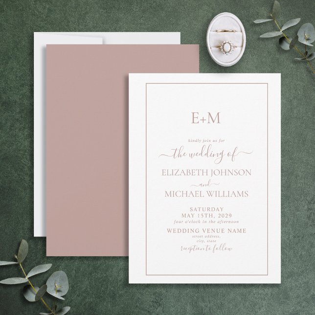 Elegant Simple Dusty Rose Formal Monogram Wedding Invitation (Creator Uploaded)