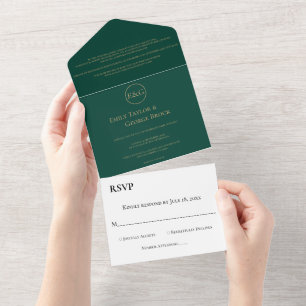 Elegant Simple Emerald Green Gold Monogram Wedding All In One Invitation