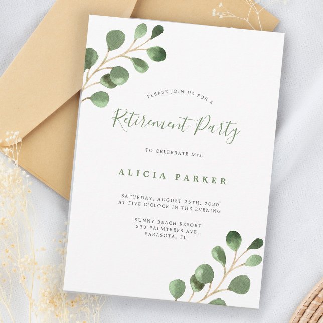 Elegant simple eucalyptus leaves retirement party invitation (Creator Uploaded)